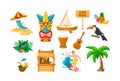 Tropical Hawaii summer vacation set. Traditional exotic ethnic mask, beach, chaise longue, boat