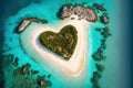 Tropical heart shape desert island with white sand beach and turquoise water. Generative AI. Royalty Free Stock Photo