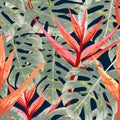 Tropical Heliconia with leaves seamless pattern