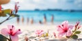 Tropical hibiscus blooms amidst sandy beach blue ocean your ultimate vacation escape. Royalty Free Stock Photo
