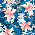 Tropical hibiscus floral 6 seamless pattern