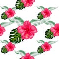 Tropical hibiscus flowers and palm leaves bouquets seamless pattern Royalty Free Stock Photo