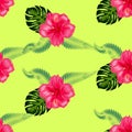 Tropical hibiscus flowers and palm leaves bouquets seamless pattern Royalty Free Stock Photo