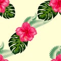 Tropical hibiscus flowers and palm leaves bouquets seamless pattern Royalty Free Stock Photo