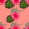 Tropical hibiscus flowers and palm leaves bouquets seamless pattern Royalty Free Stock Photo