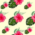 Tropical hibiscus flowers and palm leaves bouquets seamless pattern Royalty Free Stock Photo