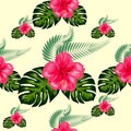 Tropical hibiscus flowers and palm leaves bouquets seamless pattern Royalty Free Stock Photo