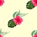 Tropical hibiscus flowers and palm leaves bouquets seamless pattern Royalty Free Stock Photo