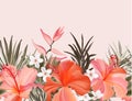 Tropical hibiscus plumeria vintage graphic  floral pampas grass ,palm leaves Exotic orange pink frame, floral border seamless Royalty Free Stock Photo