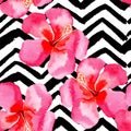 tropical hibiscus watercolor pattern, black and white zigzag background