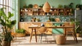 tropical home interor kitchen, lushness of the tropics into your space with vibrant colors, leafy patternsnatural