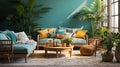 tropical home interor Living room, lushness of the tropics into your space with vibrant colors, leafy patternsnatural