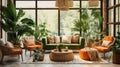 tropical home interor Living room, lushness of the tropics into your space with vibrant colors, leafy patternsnatural