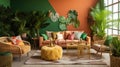 tropical home interor Living room, lushness of the tropics into your space with vibrant colors, leafy patternsnatural