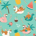 Tropical Hot Christmas. Seamless pattern with cute funny sexy Santa Claus with unicorn dinosaurand, flamingo inflatable