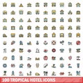 100 tropical hotel icons set, color line style