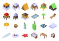 Tropical hotel icons set isometric vector. Sea shore beach