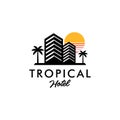 Tropical hotel logo concept, apartment hotel building with palm tree and sun