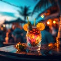 Tropical Hurricane Cocktail on the bar at sunset. Generative AI
