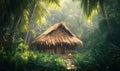 Tropical hut surrounded by lush greenery in a serene jungle setting Royalty Free Stock Photo
