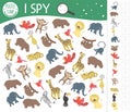 Tropical I spy game for kids. Exotic searching and counting activity for preschool children with cute animals. Funny jungle game