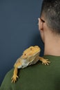 Tropical iguana sitting on shoulder Royalty Free Stock Photo