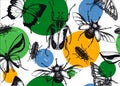 Tropical insects seamless pattern. Vector backdrop with hand drawn butterflies and beetles. Vintage entomological background.