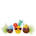 Tropical invitation card template. Three adorable cartoon characters - two cheerful coconuts and pineapple. Vector layout