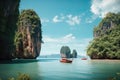 Tropical island at Andaman Sea, Krabi, Thailand, Amazed nature scenic landscape James bond island with a boat for traveler Phang Royalty Free Stock Photo