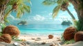 Tropical Island Beach with coconuts on the sand with blue ocean Travel Vacation Concept AI generated Royalty Free Stock Photo