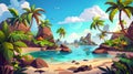 Tropical island beach game landscape summer modern paradise. Palm trees, sea waters, and sand shoreline. Caribbean wild Royalty Free Stock Photo