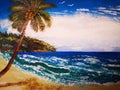 Tropical island, beach, ocean, coconut tree. Painting with acrylic paints.