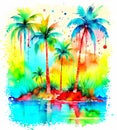 Watercolor drawing of palm trees on a tropical island. Isolated on white background. (Additional PNG format) Royalty Free Stock Photo