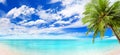 Tropical island beach panorama, turquoise sea lagoon, blue water ocean bay panoramic view, green palm tree leaves, white sand, sun Royalty Free Stock Photo