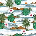 Tropical island with blooming hibiscus flowers and palm trees floral and monstera leaves seamless pattern vector EPS10 on blue Royalty Free Stock Photo