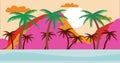 Tropical island Cartoon background during summer sunset with palms. Empty beach without people. Flat design