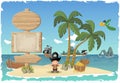 Tropical island with cartoon pirate boy. Royalty Free Stock Photo