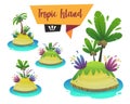 Tropical island cartoon style set. funny and cheerful beautiful paradise travel tourism and adventure into sea beach shore with