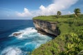 tropical island with cliff-edge view of the blue sea, palm trees in the background