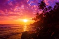 Tropical island coast coconut palm trees vivid sunset Royalty Free Stock Photo