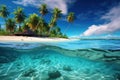 Tropical island with coconut palms and underwater coral reef. Split view with waterline Royalty Free Stock Photo