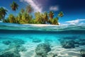 Tropical island with coconut palms and underwater coral reef. Split view with waterline Royalty Free Stock Photo