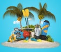 Tropical island, coconut trees and scuba diving equipment