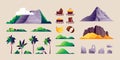 Tropical island constructor. Cartoon landscape with mountain hills palm trees clouds green foliage samples, summer coast