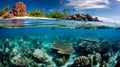 Tropical island with coral reef and fish underwater. 3d render Generative AI Royalty Free Stock Photo