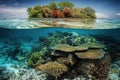 Tropical Island And Coral Reef. Split View With Waterline.