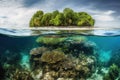 Tropical Island And Coral Reef. Split View With Waterline. Royalty Free Stock Photo