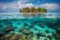 Tropical island and cristal clear water of maldives. Half underwater