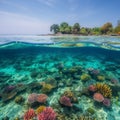 Tropical island and cristal clear water of maldives. Half underwater