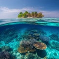 Tropical island and cristal clear water of maldives. Half underwater